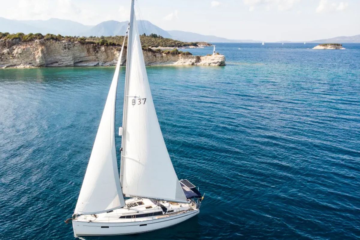 Exterior view of Stairway To Heaven, a Bavaria 37 sailboat at Municipal Unit of Sikyona, Greece