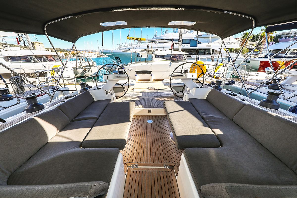 Cockpit of Vidar, a Hanse Yachts Hanse 575 sailboat at Grad Trogir, Croatia