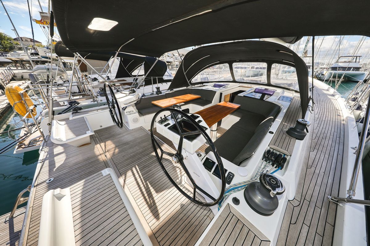 Cockpit of Vidar, a Hanse Yachts Hanse 575 sailboat at Grad Trogir, Croatia