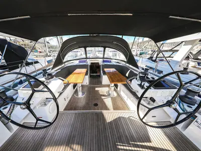 Cockpit of Vidar, a Hanse Yachts Hanse 575 sailboat at Grad Trogir, Croatia