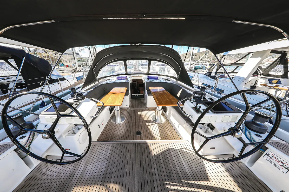 Cockpit of Vidar, a Hanse Yachts Hanse 575 sailboat at Grad Trogir, Croatia