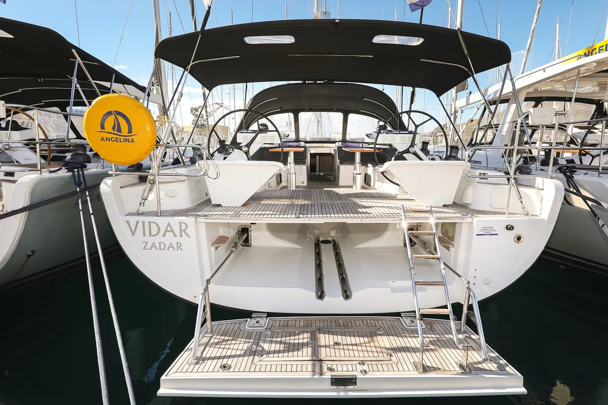 Exterior view of Vidar, a Hanse Yachts Hanse 575 sailboat at Grad Trogir, Croatia