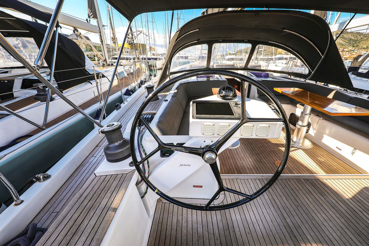 Cockpit of Vidar, a Hanse Yachts Hanse 575 sailboat at Grad Trogir, Croatia