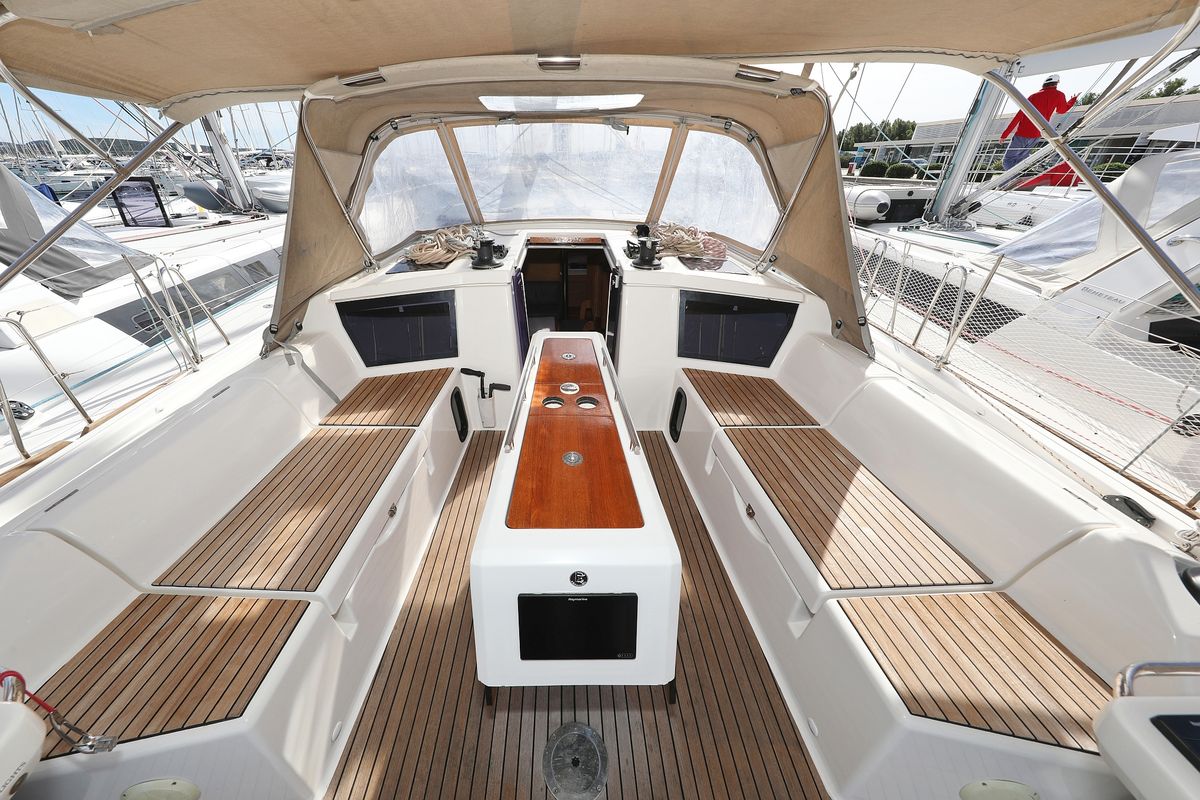 Cockpit of Good Friends, a Dufour 430 GL sailboat at Grad Trogir, Croatia