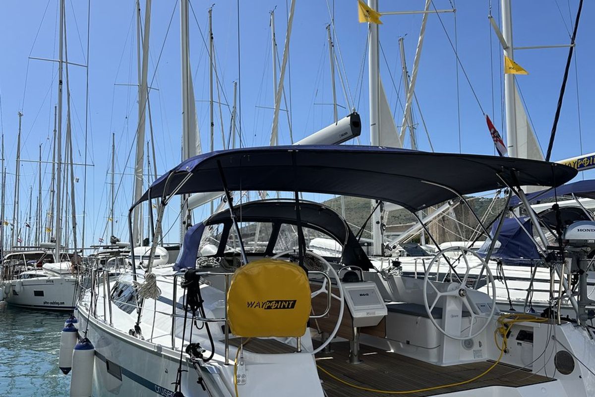 Exterior view of Iskra, a Bavaria Cruiser 46 sailboat at Split, Croatia