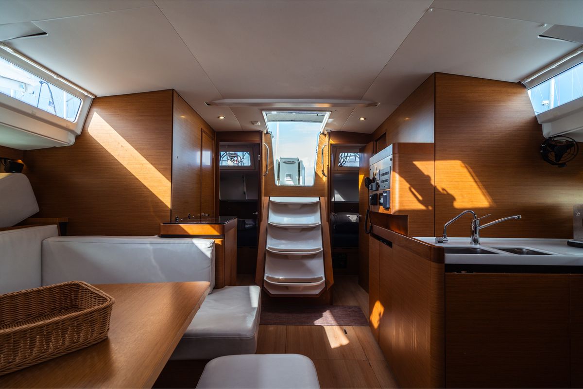 Salon of Frida, a Jeanneau Sun Odyssey 490 sailboat at Olbia, Italy