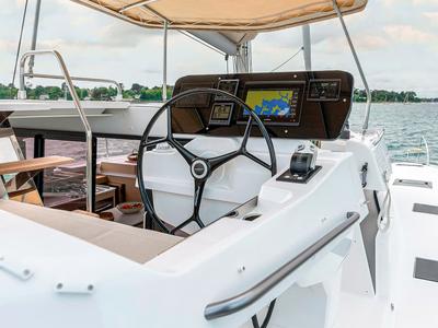 Cockpit of HaLo, a Fountaine Pajot FP 41 catamaran at Municipal Unit of Lefkada, Greece