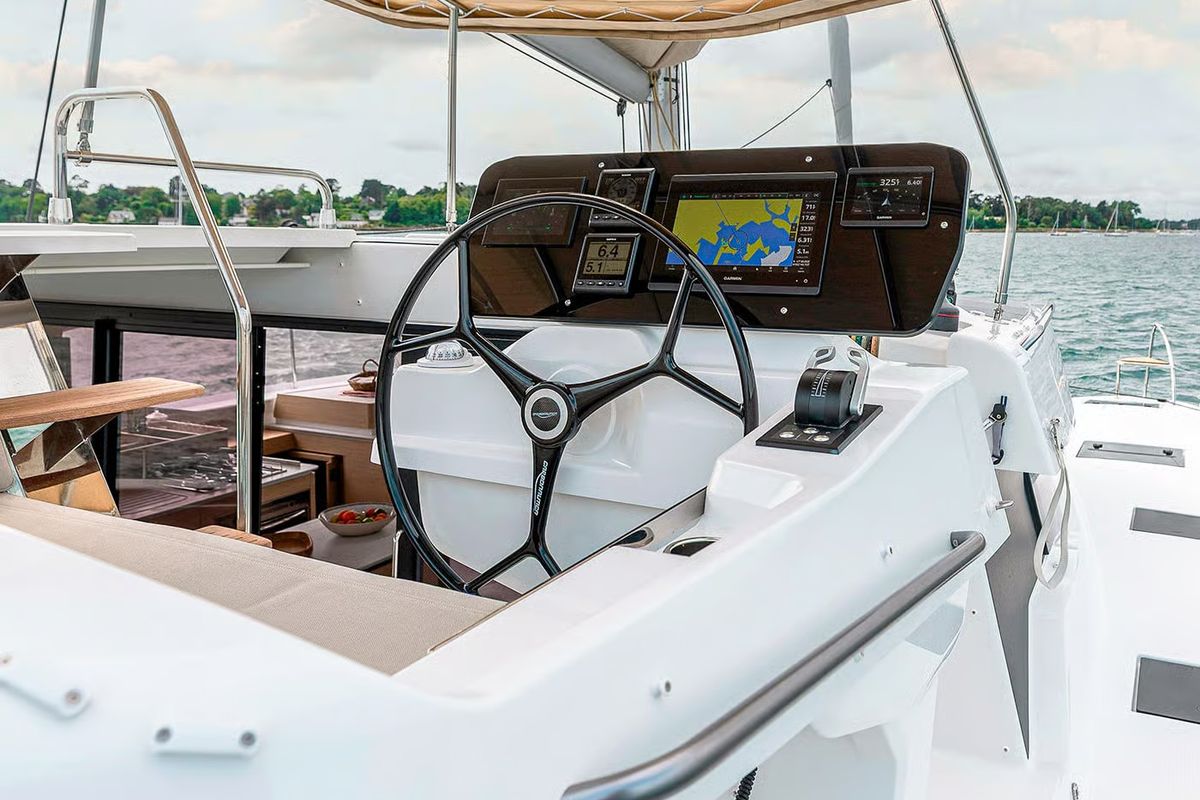 Cockpit of HaLo, a Fountaine Pajot FP 41 catamaran at Municipal Unit of Lefkada, Greece