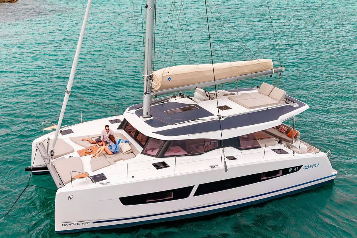 Exterior view of HaLo, a Fountaine Pajot FP 41 catamaran at Municipal Unit of Lefkada, Greece