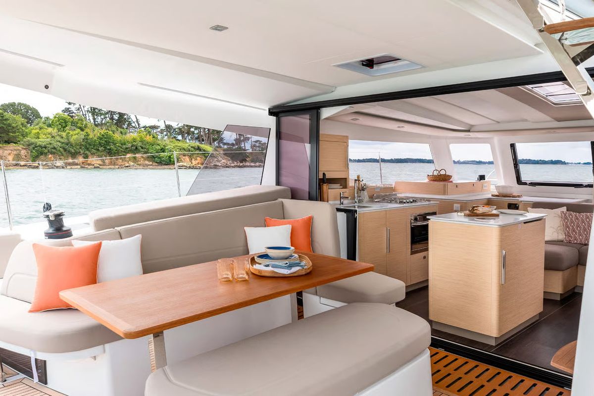 Salon of HaLo, a Fountaine Pajot FP 41 catamaran at Municipal Unit of Lefkada, Greece