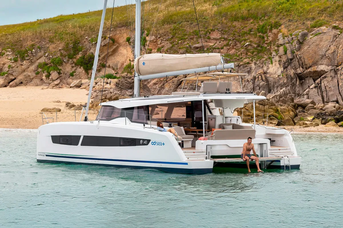 Exterior view of HaLo, a Fountaine Pajot FP 41 catamaran at Municipal Unit of Lefkada, Greece