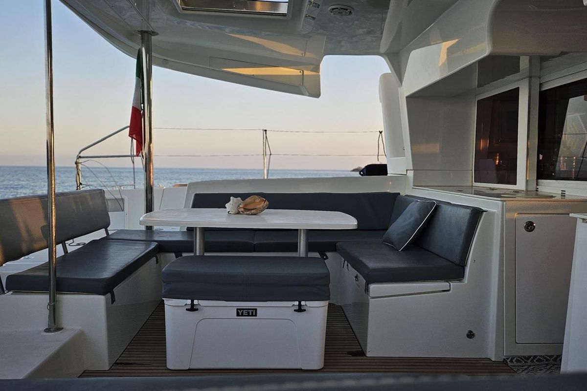 Deck of Corona Borealis, a Lagoon 450 Fly catamaran at Nettuno, Italy