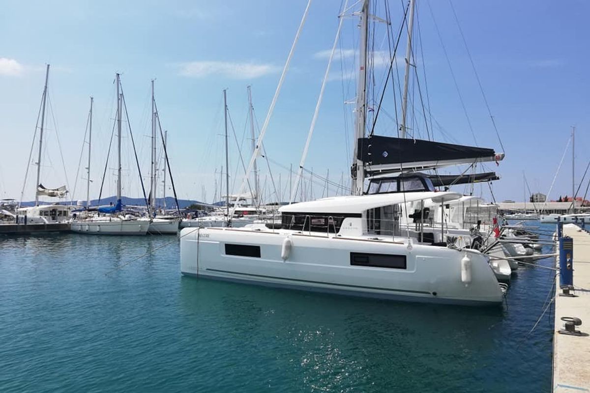 Exterior view of Lubina, a Lagoon 40 catamaran at Općina Marina, Croatia