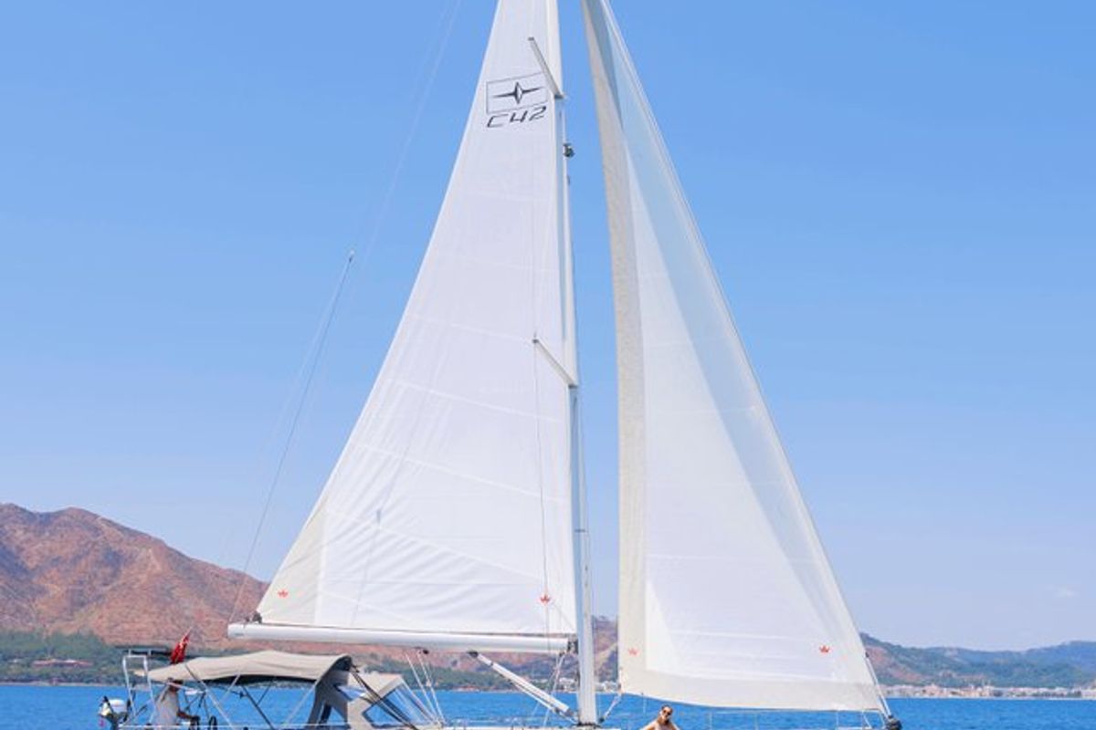 Exterior view of Sorores, a Bavaria C42 sailboat at Marmaris, Turkey