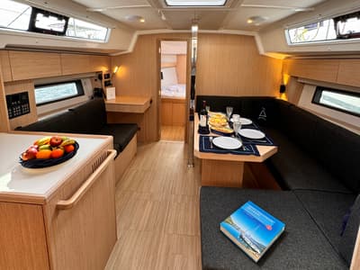 Salon of Sorores, a Bavaria C42 sailboat at Marmaris, Turkey