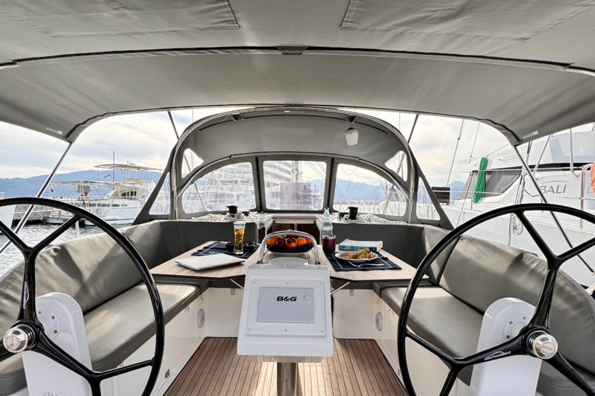 Cockpit of Sorores, a Bavaria C42 sailboat at Marmaris, Turkey