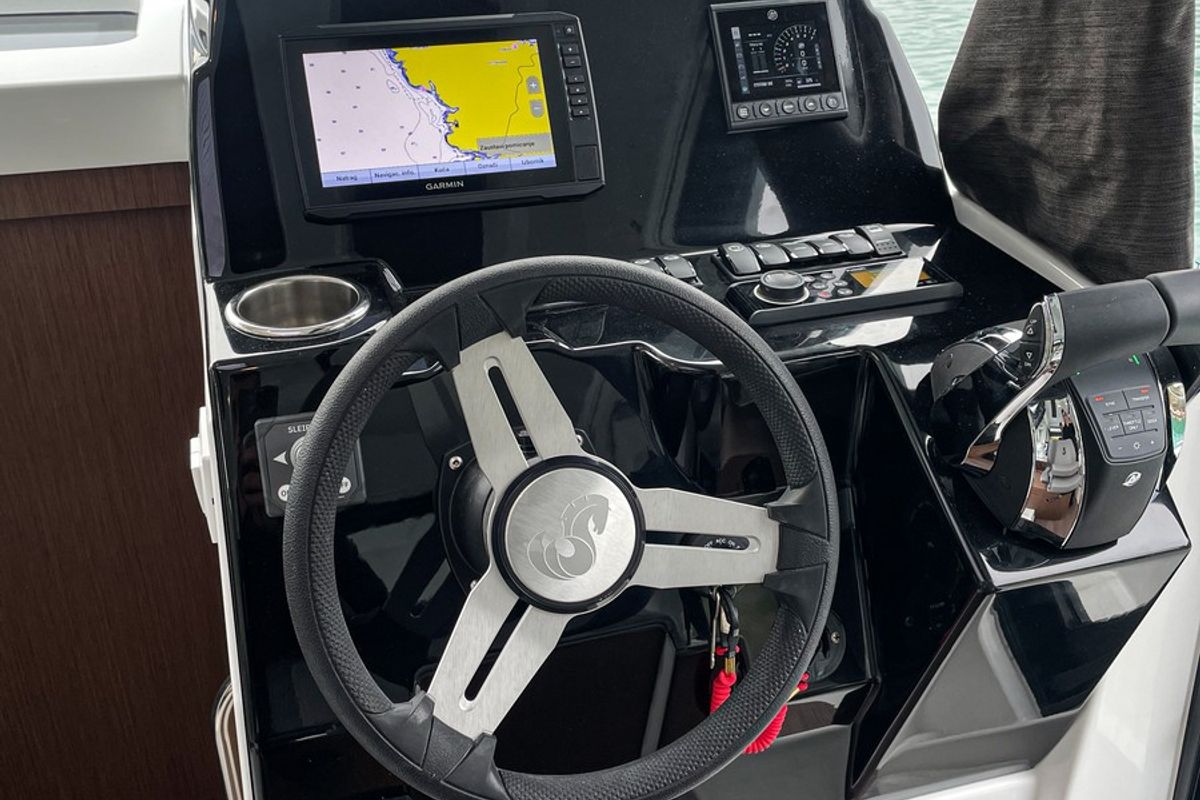 Cockpit of ARYA, a Beneteau Antares 9 OB motorboat at Split, Croatia