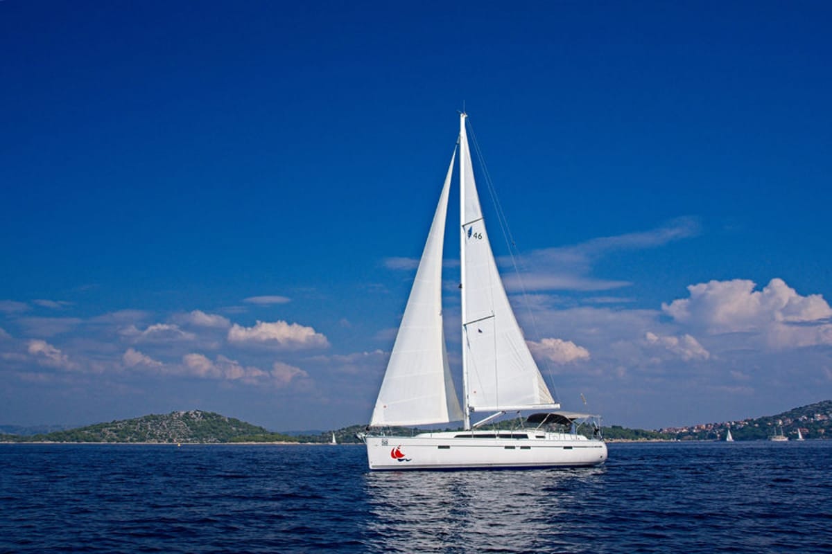 Exterior view of MH 50, a Bavaria Cruiser 46 sailboat at Murter, Croatia