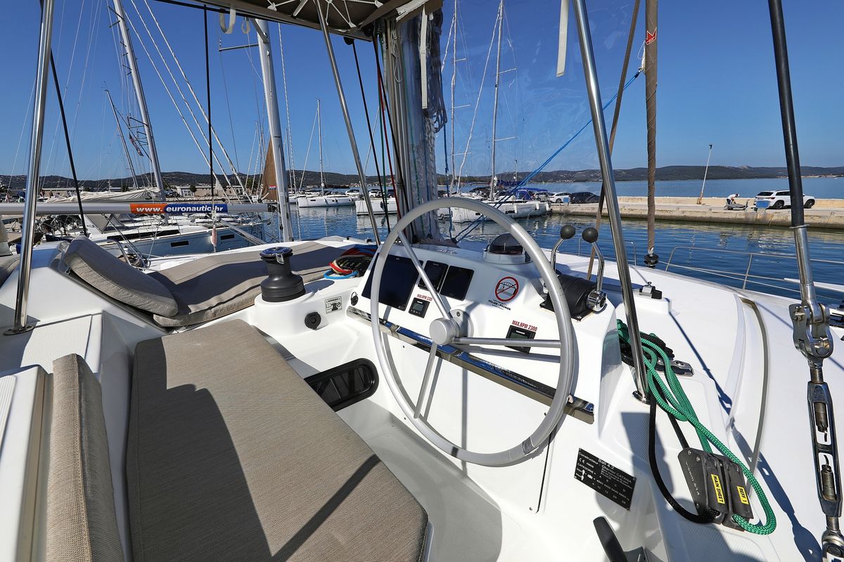 Cockpit of Altair, a Bali 4.2 catamaran at Grad Biograd na Moru, Croatia