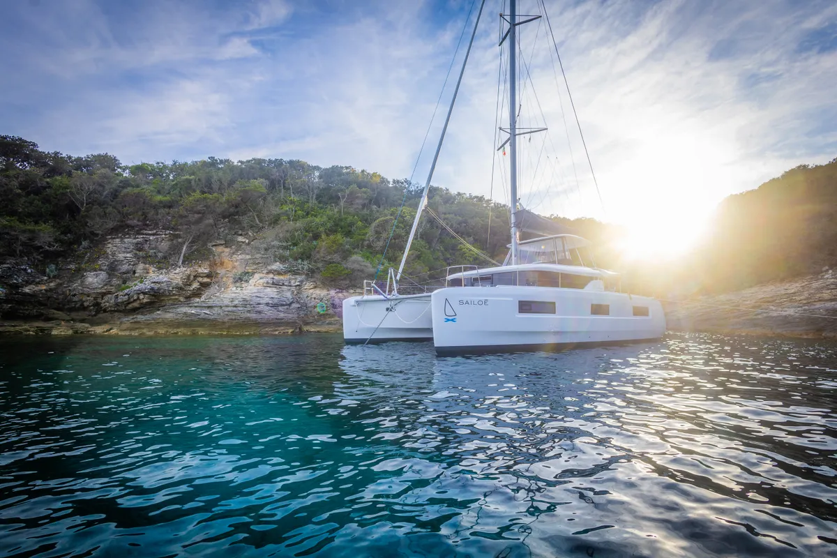 Exterior view of Napa Naryen, a Lagoon 46 catamaran at Eden Island Marina, Seychelles
