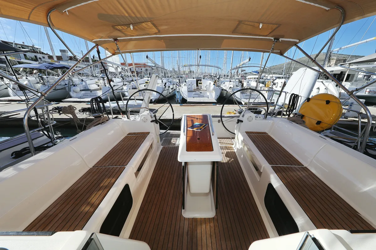 Cockpit of Delta, a Dufour 412 GL sailboat at Grad Biograd na Moru, Croatia