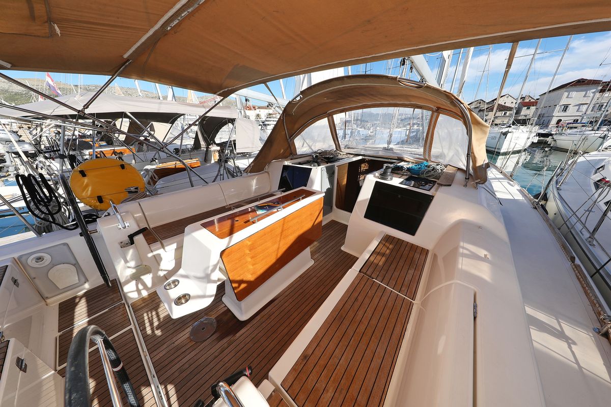Cockpit of Delta, a Dufour 412 GL sailboat at Grad Biograd na Moru, Croatia