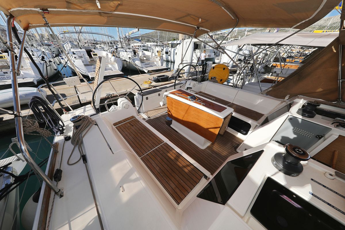 Cockpit of Delta, a Dufour 412 GL sailboat at Grad Biograd na Moru, Croatia