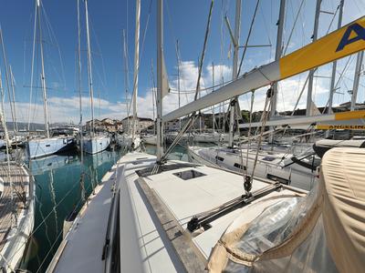 Deck of Delta, a Dufour 412 GL sailboat at Grad Biograd na Moru, Croatia