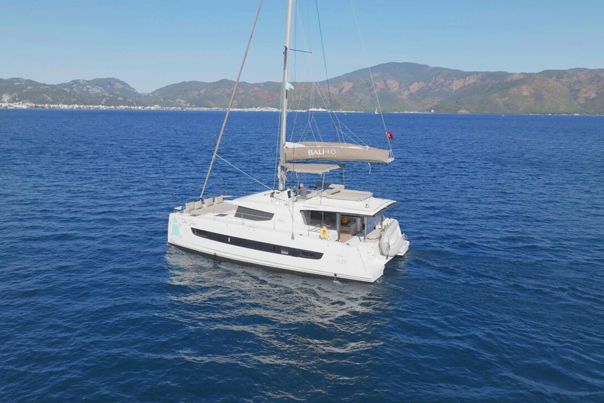 Exterior view of Ediba Scorpio, a Bali 4.6 catamaran at Marmaris, Turkey