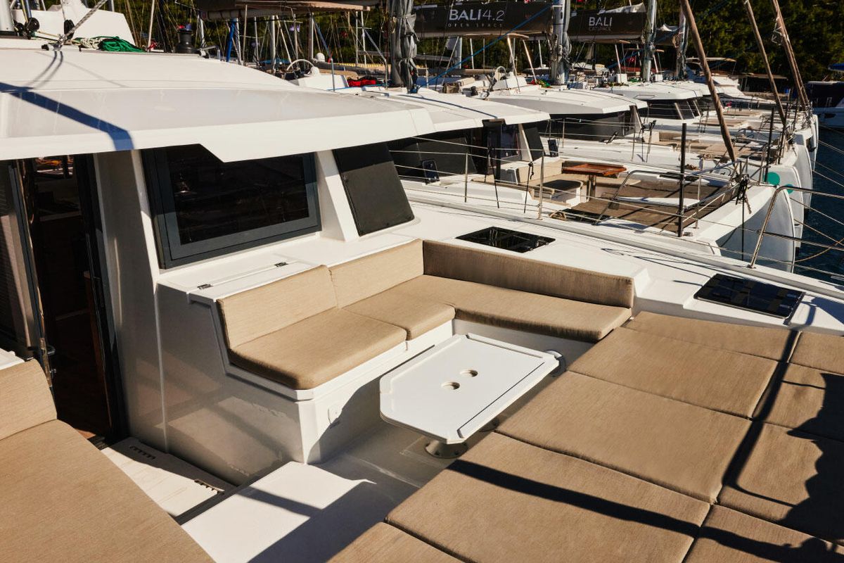 Deck of Ediba Scorpio, a Bali 4.6 catamaran at Marmaris, Turkey