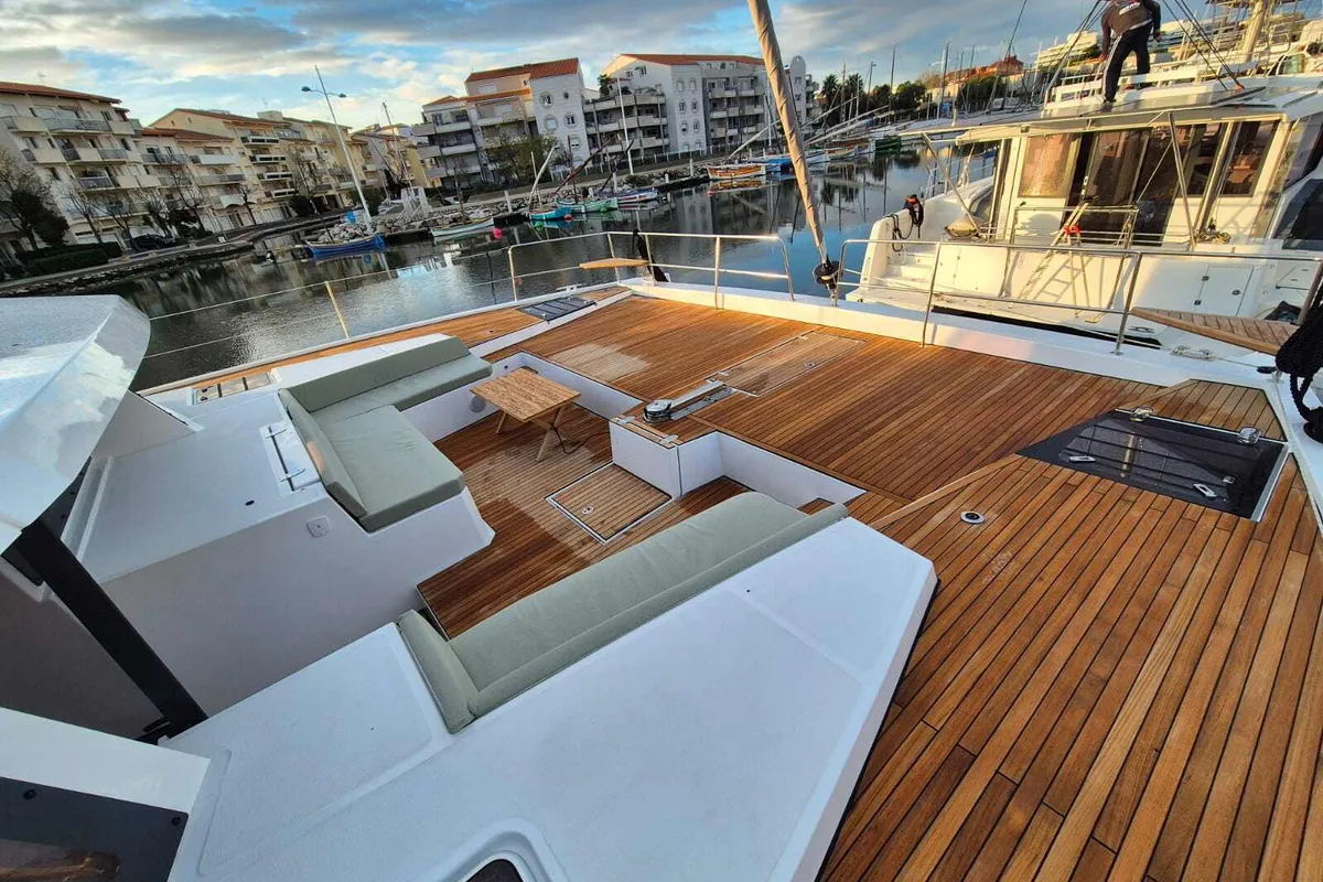 Deck of Blue Ocean, a Bali 5.4 catamaran at Olbia, Italy