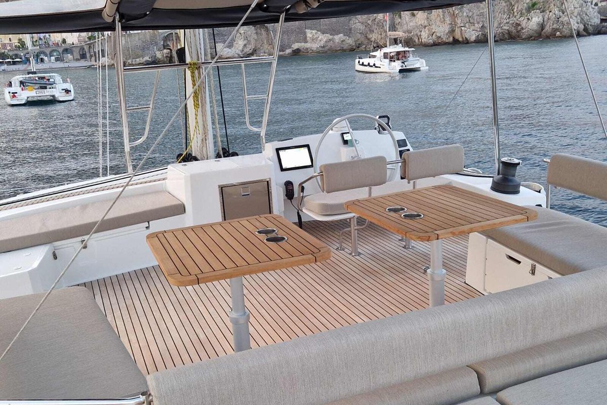 Deck of Blue Ocean, a Bali 5.4 catamaran at Olbia, Italy