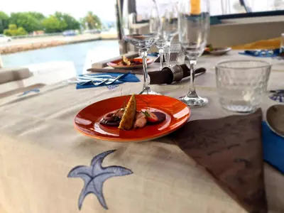 Salon of Blue Ocean, a Bali 5.4 catamaran at Olbia, Italy