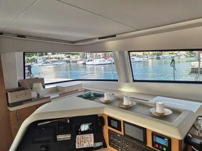 Cockpit of Blue Ocean, a Bali 5.4 catamaran at Olbia, Italy