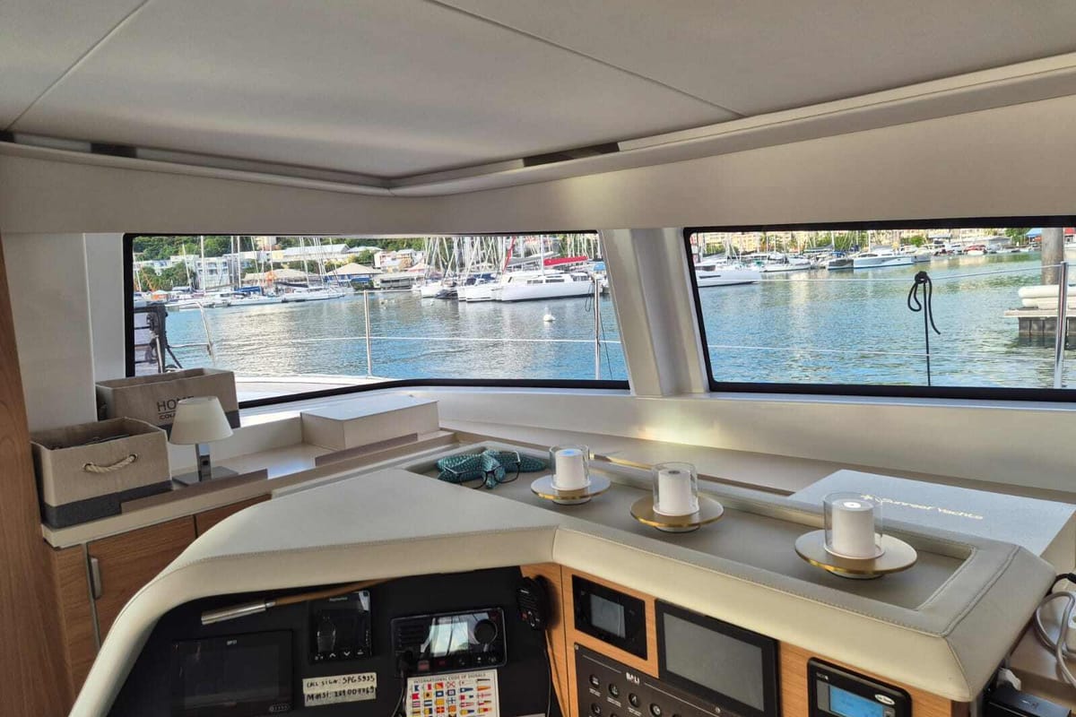Cockpit of Blue Ocean, a Bali 5.4 catamaran at Olbia, Italy