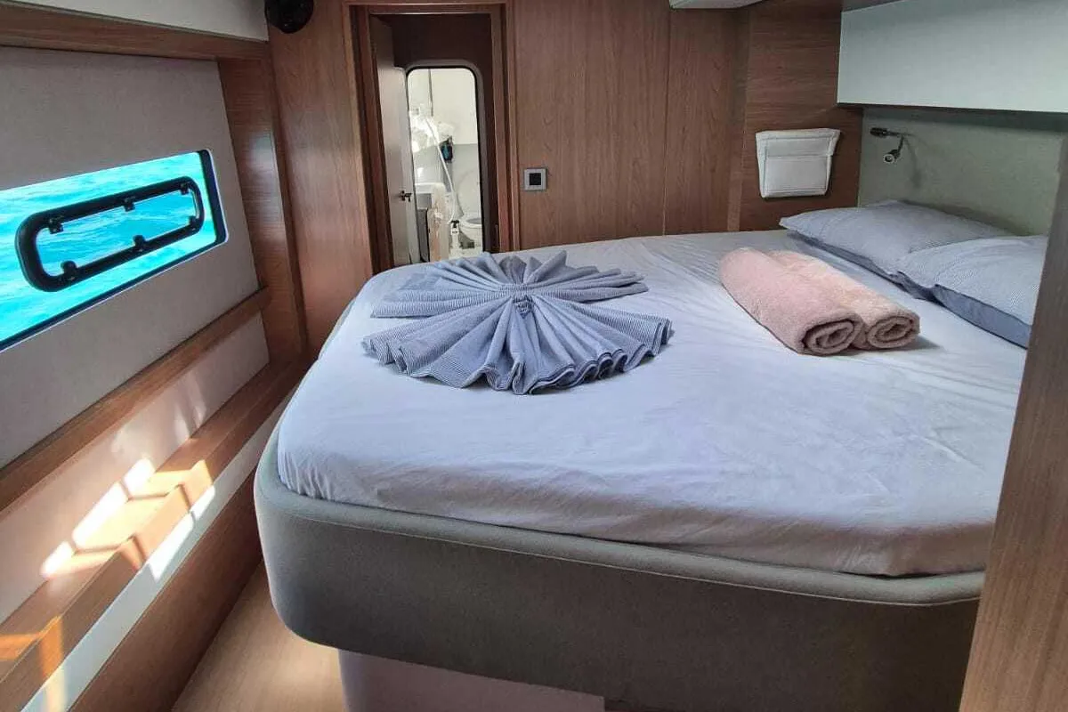 Cabin on Blue Ocean, a Bali 5.4 catamaran at Olbia, Italy