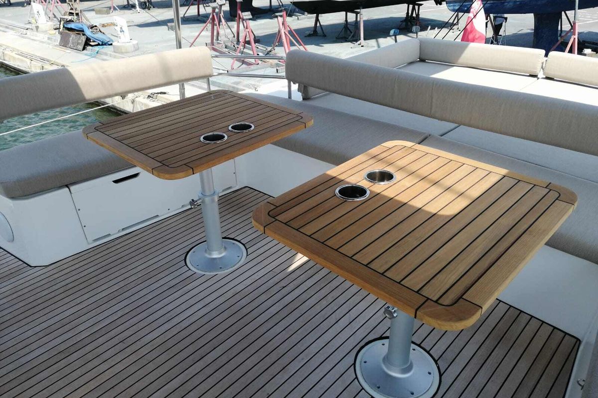 Deck of Blue Ocean, a Bali 5.4 catamaran at Olbia, Italy