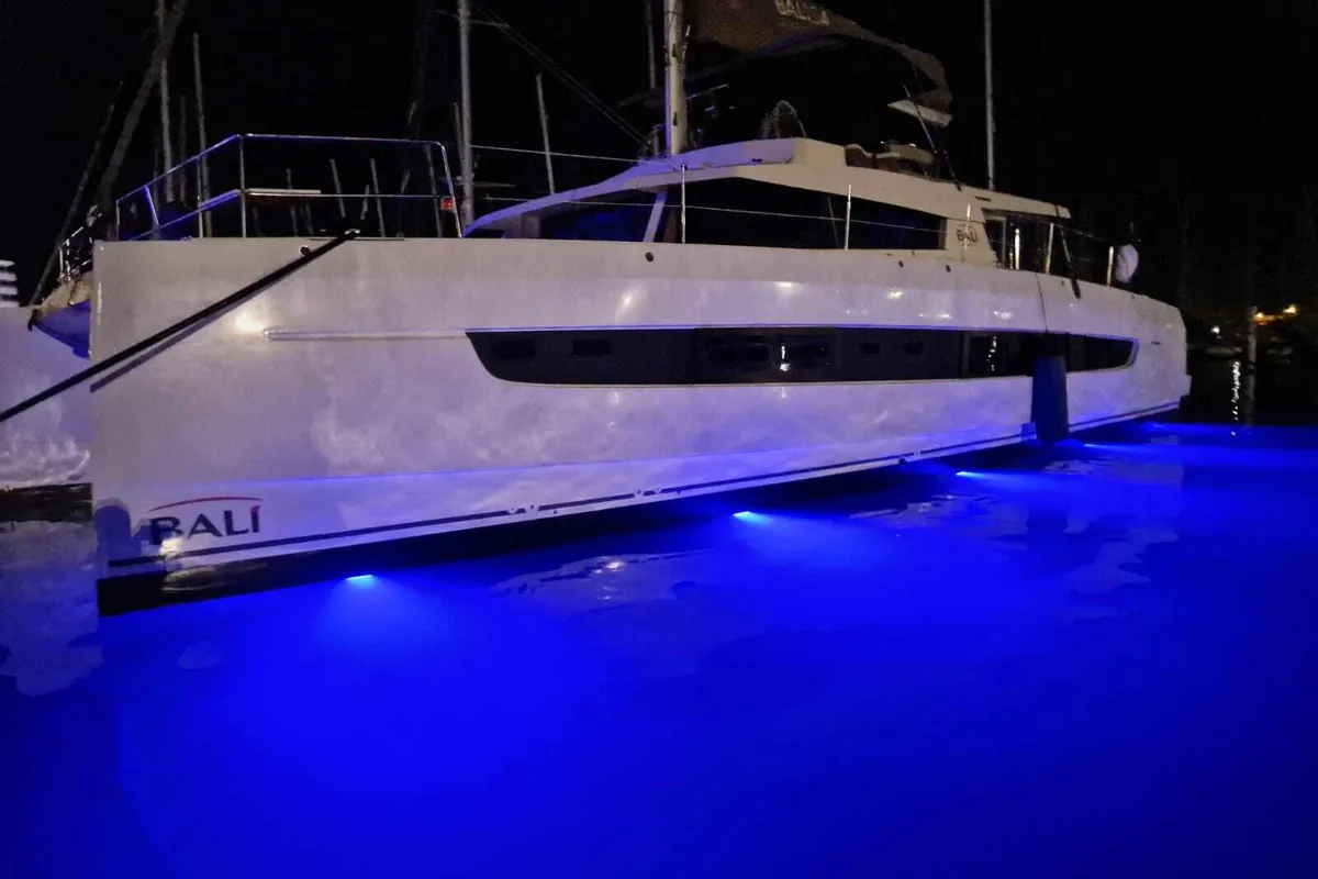 Exterior view of Blue Ocean, a Bali 5.4 catamaran at Olbia, Italy