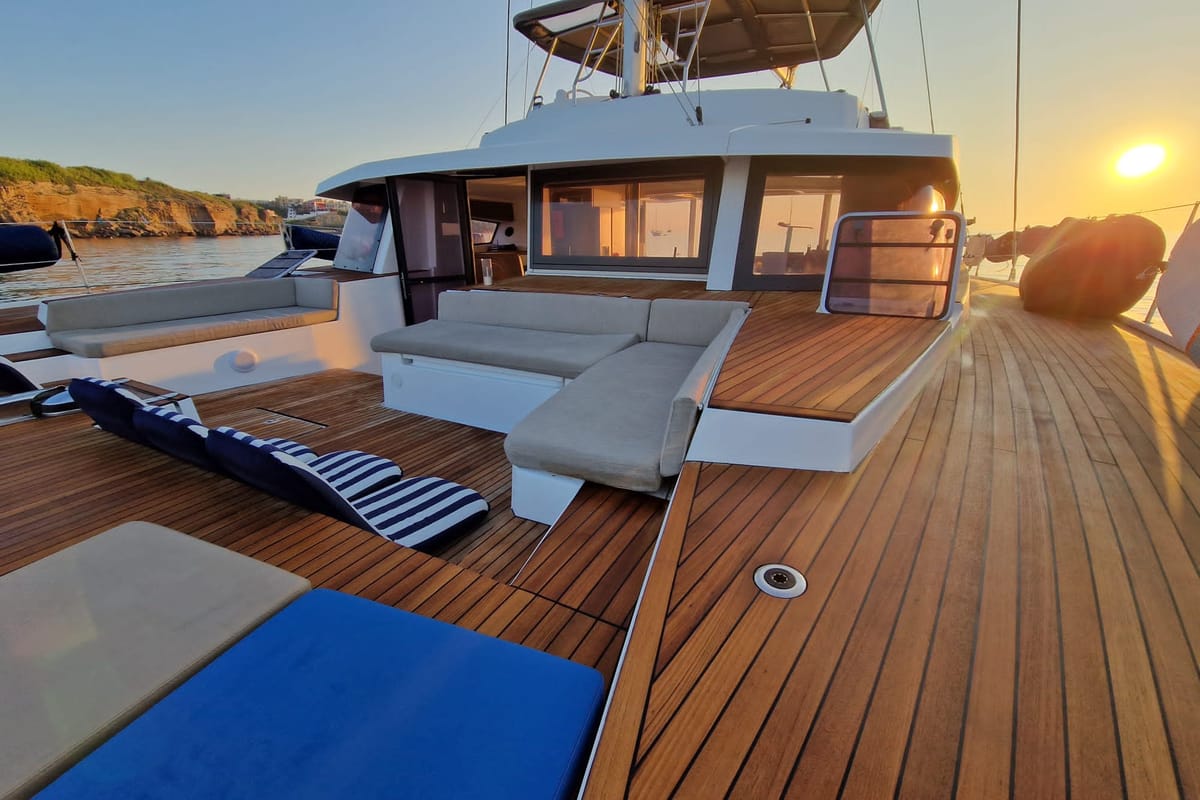 Deck of Blue Ocean, a Bali 5.4 catamaran at Olbia, Italy