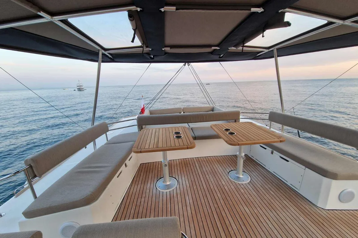 Deck of Blue Ocean, a Bali 5.4 catamaran at Olbia, Italy
