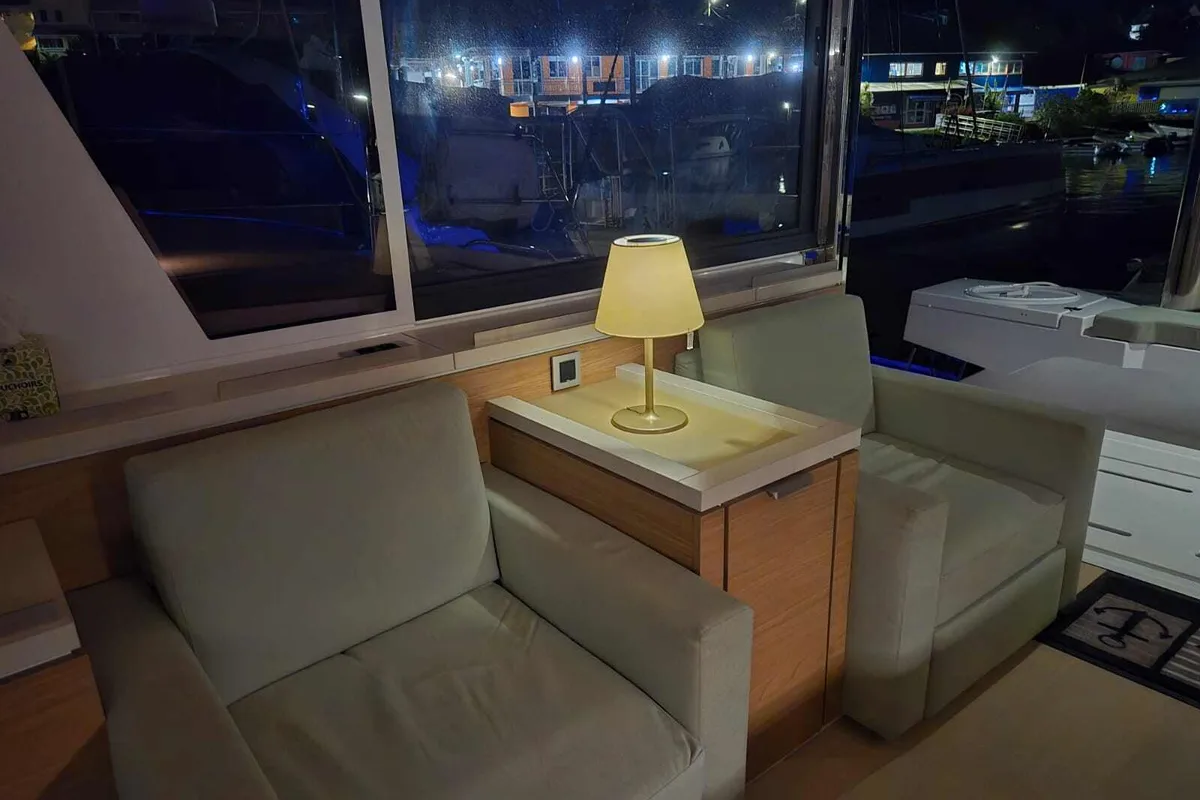 Salon of Blue Ocean, a Bali 5.4 catamaran at Olbia, Italy
