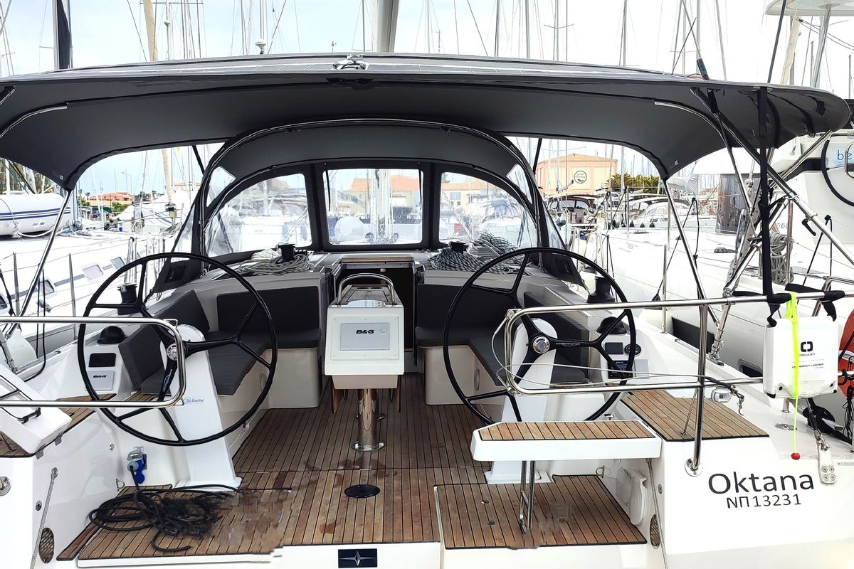 Cockpit of Oktana (Pax 8), a Bavaria C42 sailboat at Municipal Unit of Lefkada, Greece