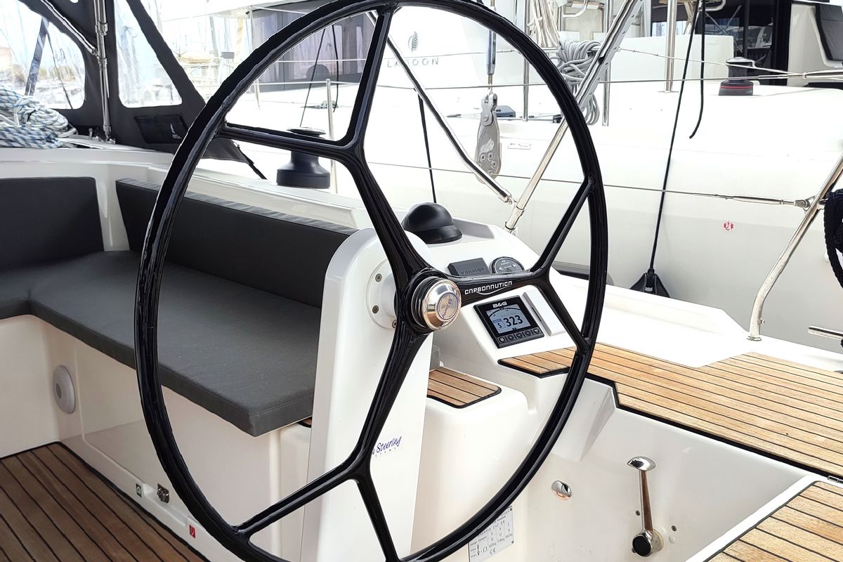 Cockpit of Oktana (Pax 8), a Bavaria C42 sailboat at Municipal Unit of Lefkada, Greece