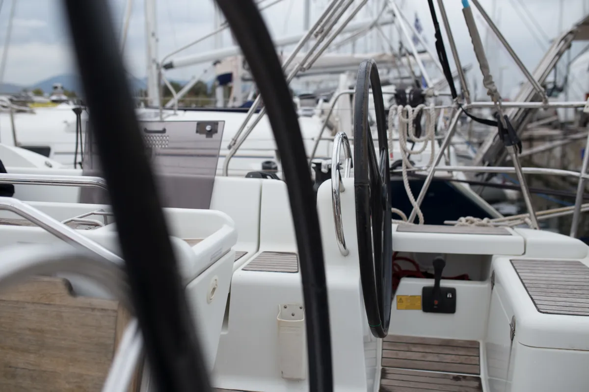 Cockpit of Leonidas, a Jeanneau Sun Odyssey 409 sailboat at Marina Delta Kallithea, Greece