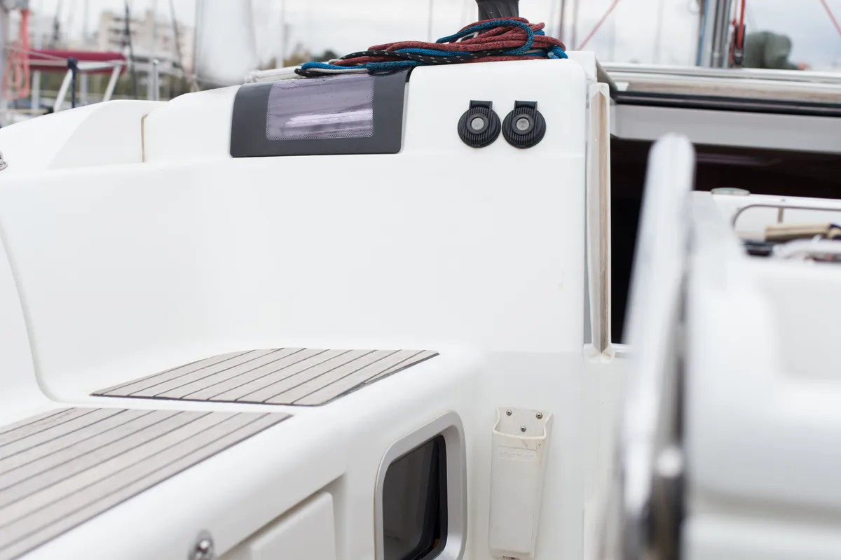 Deck of Leonidas, a Jeanneau Sun Odyssey 409 sailboat at Marina Delta Kallithea, Greece