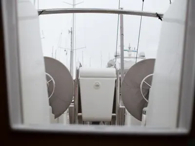Cockpit of Leonidas, a Jeanneau Sun Odyssey 409 sailboat at Marina Delta Kallithea, Greece
