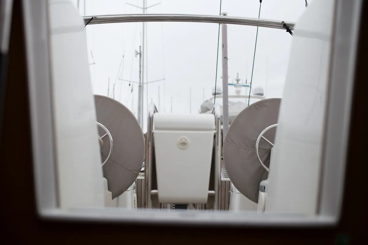 Cockpit of Leonidas, a Jeanneau Sun Odyssey 409 sailboat at Marina Delta Kallithea, Greece