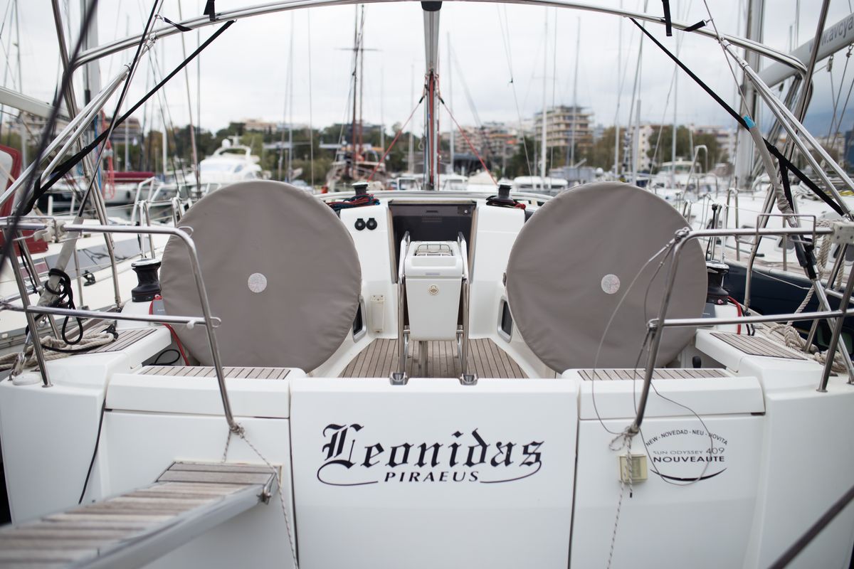Cockpit of Leonidas, a Jeanneau Sun Odyssey 409 sailboat at Marina Delta Kallithea, Greece