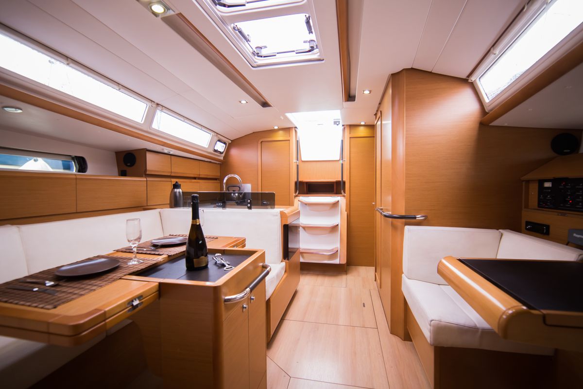 Salon of Leonidas, a Jeanneau Sun Odyssey 409 sailboat at Marina Delta Kallithea, Greece