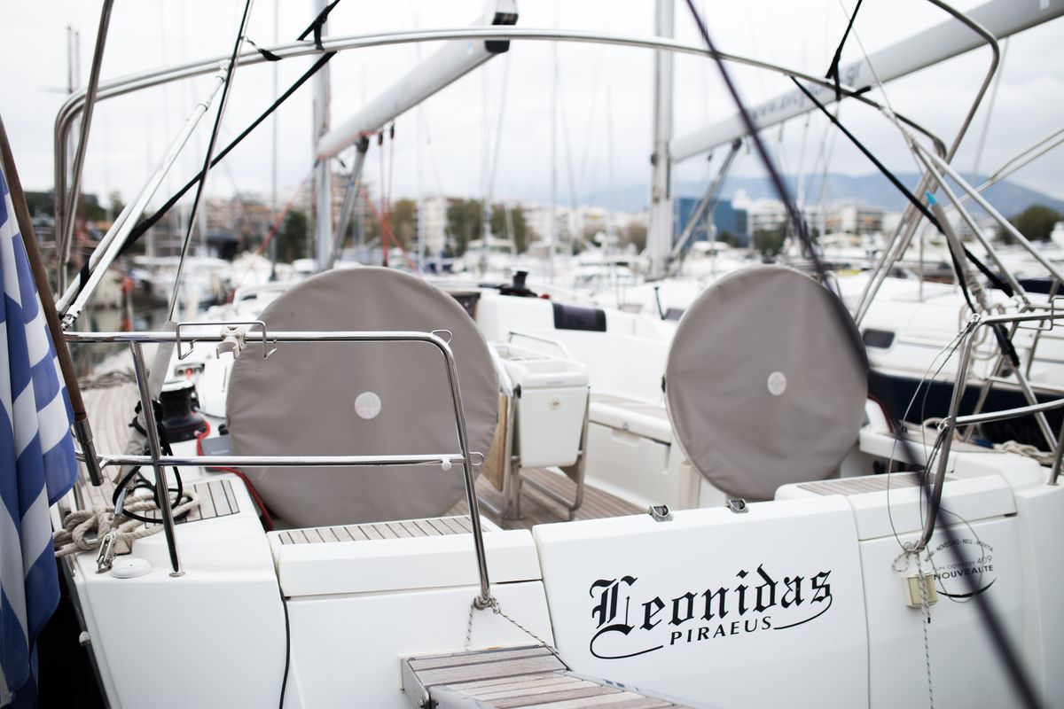 Exterior view of Leonidas, a Jeanneau Sun Odyssey 409 sailboat at Marina Delta Kallithea, Greece